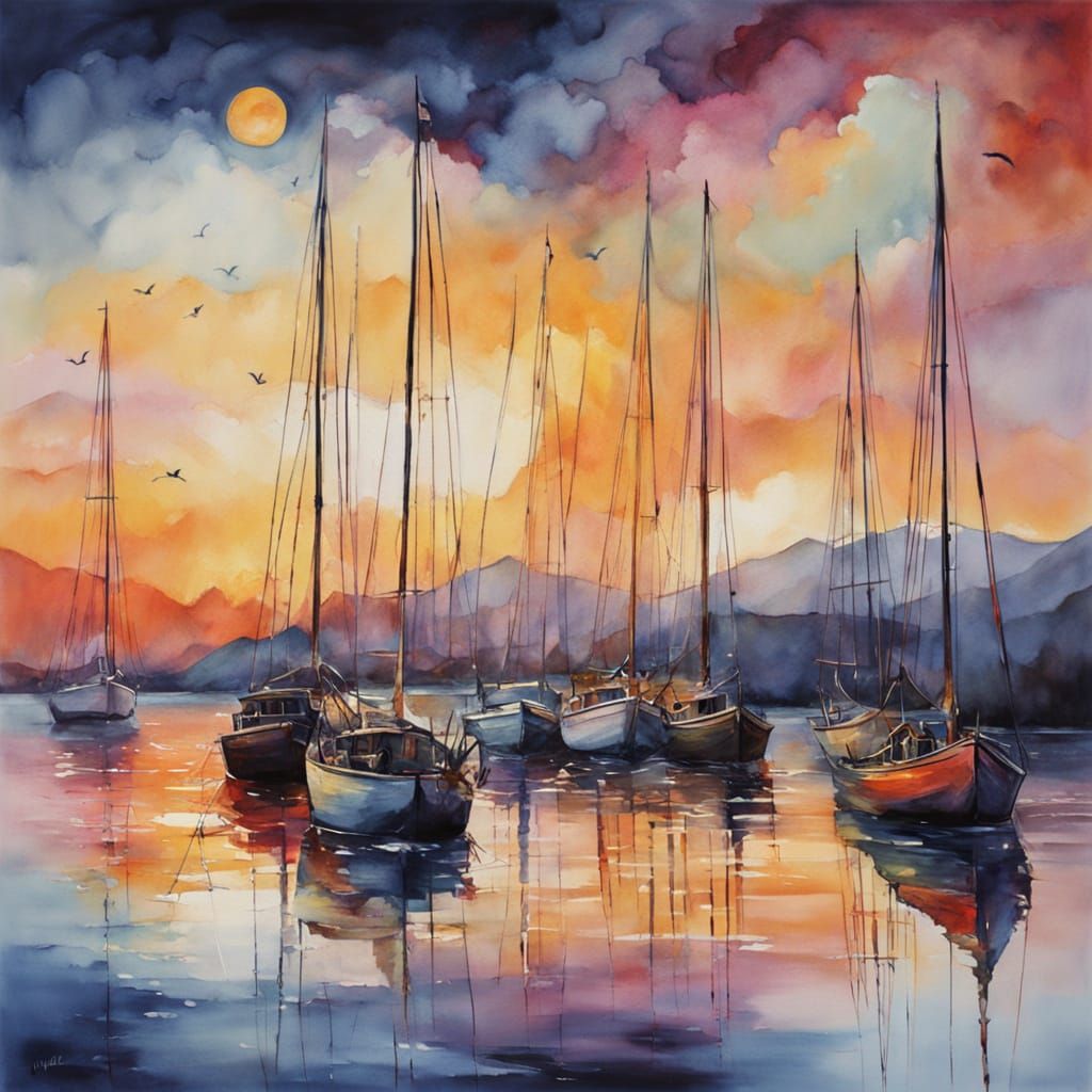 Tranquil harbor at dusk.