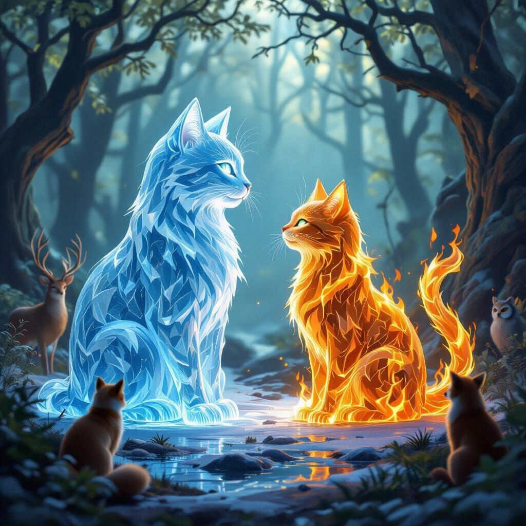 Ice and Fire Cats Converse in Enchanted Forest