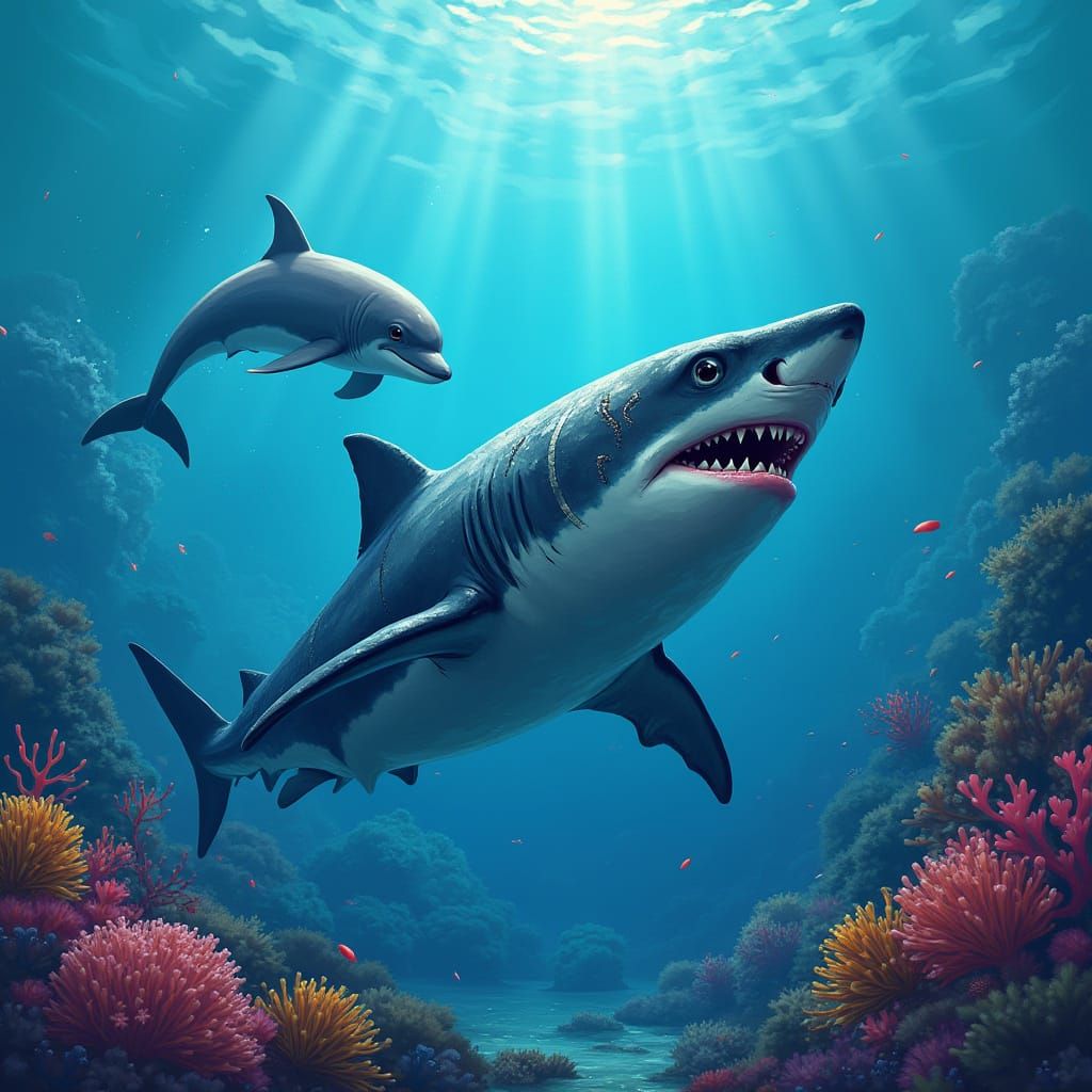 Shark Chases Dolphin Through Coral Reef in Vibrant Style