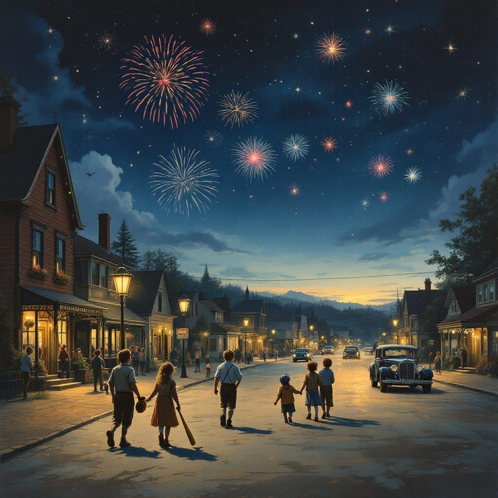 Whimsical Old Town Scene at Dusk with Fireworks