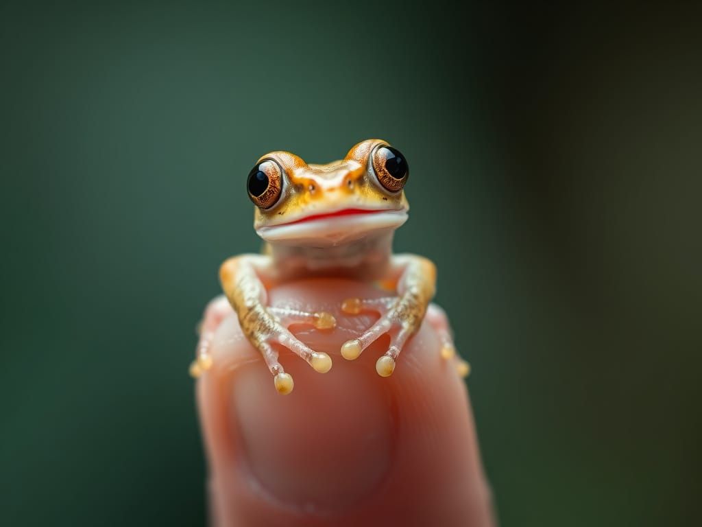 Amazed Tiny Frog on Human Finger