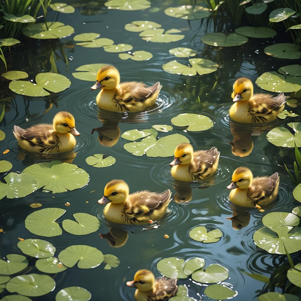 Ducklings in Pond: 3D Anime Art