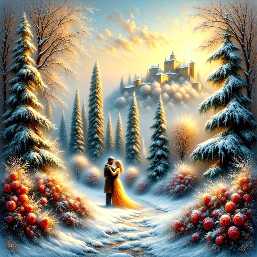 Surreal Snowy Landscape with Majestic Castle and Enchanted G...