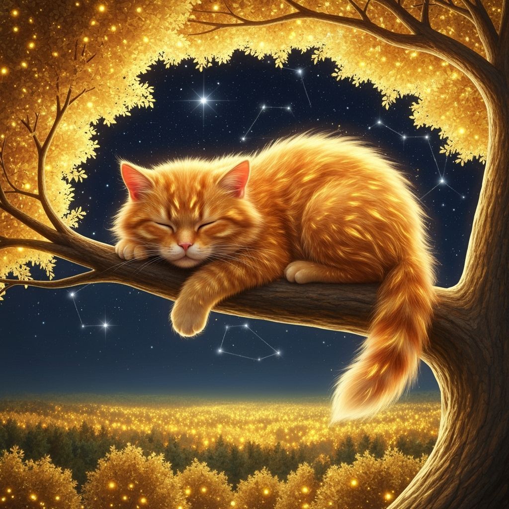 Fluffy Orange Cat Sleeps in Luminous Golden Tree