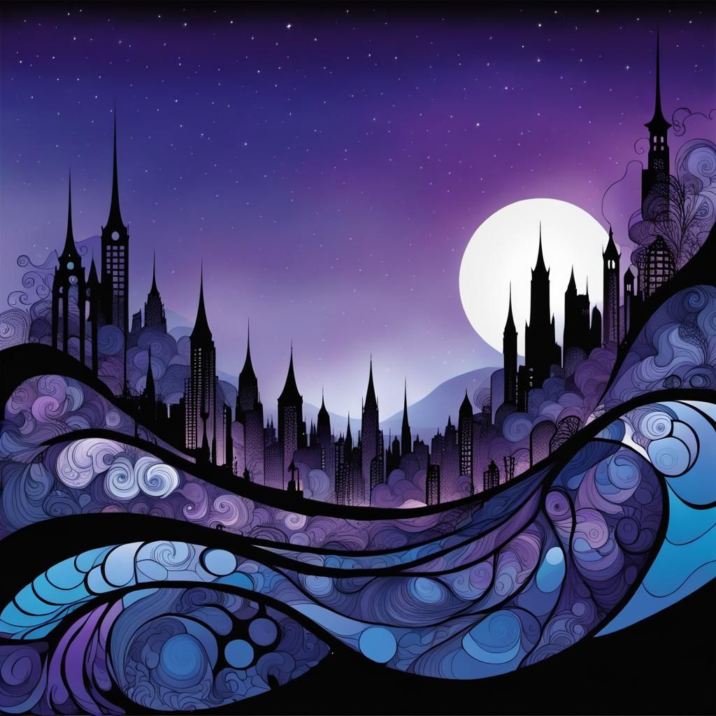 Suburban City Silhouette with Abstract Fractal Elements