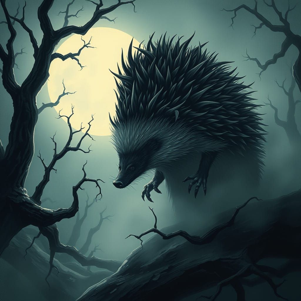 Ominous Hedgehog in Moonlit Forest Landscape
