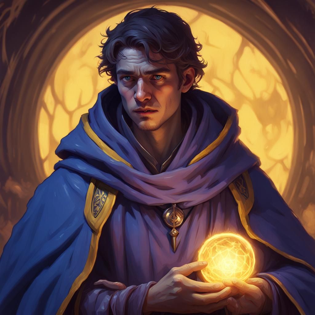 Worried Young Wizard in Dark Fantasy Style