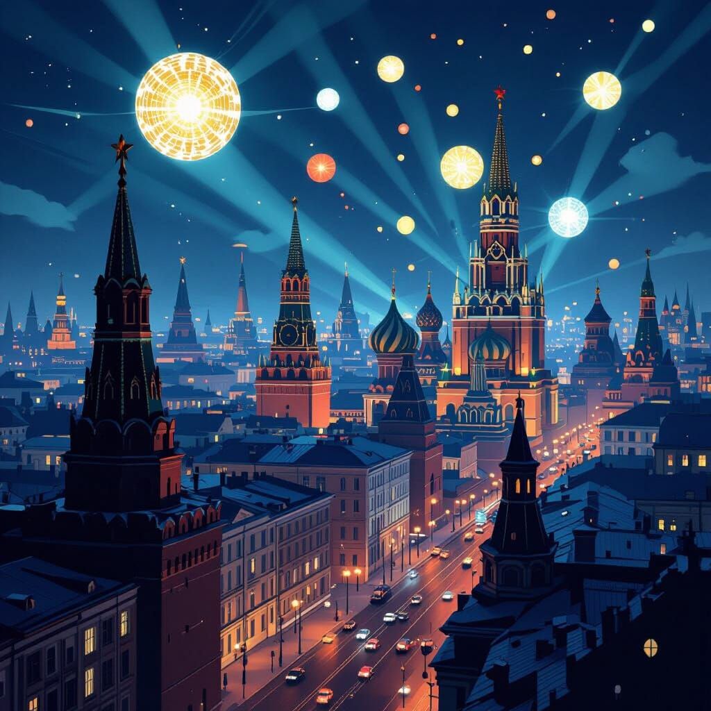 Art Deco Moscow Night Flight Through Stylized Towers