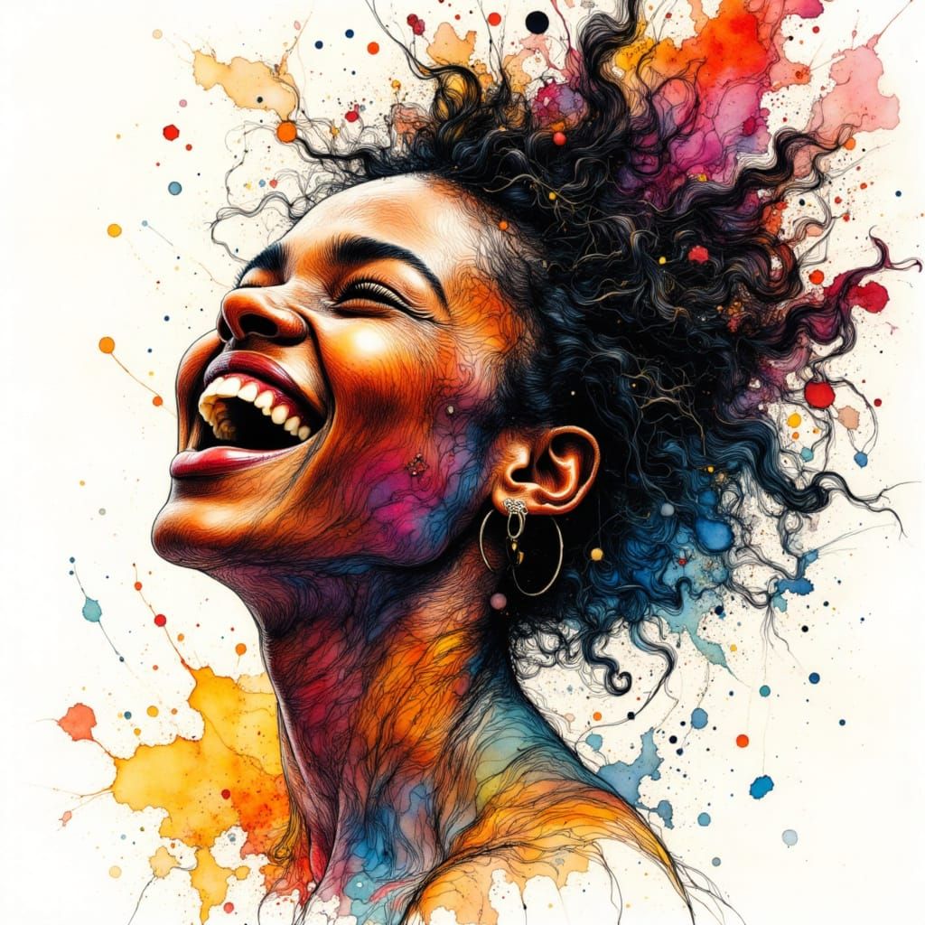 Young Black Woman Laughing Dynamic Ink Line Drawing