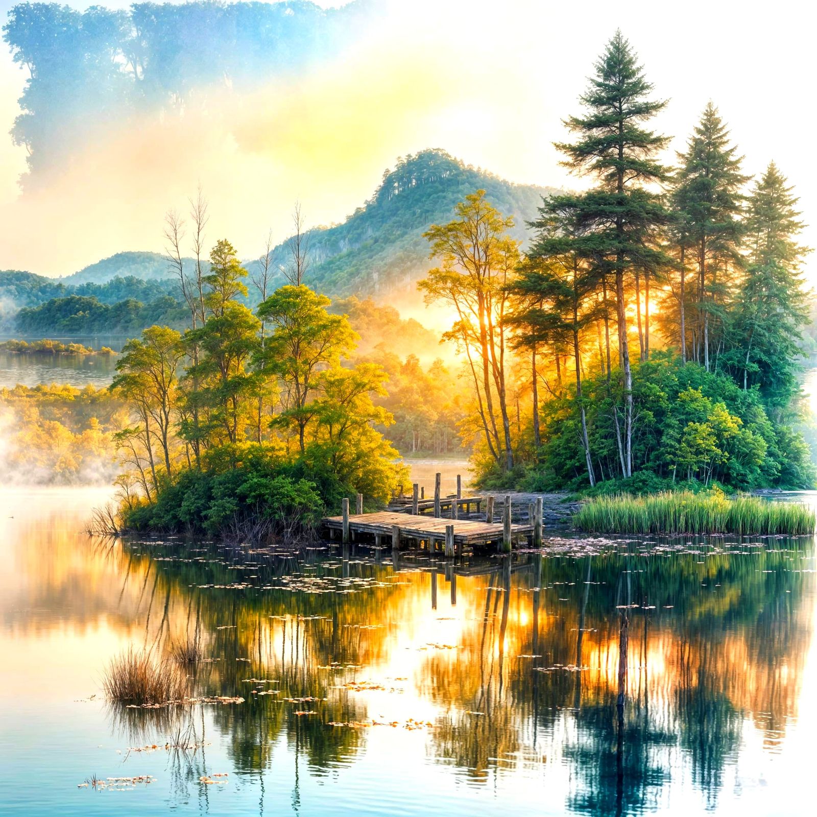 Dreamlike Misty Sunset Over Calm Lake with Old Wharf