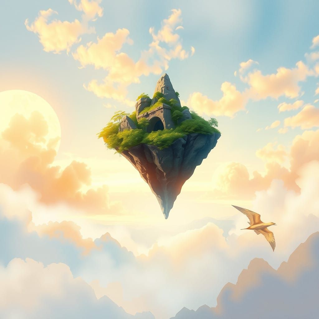 Lush Floating Island in Impressionist Style Watercolor