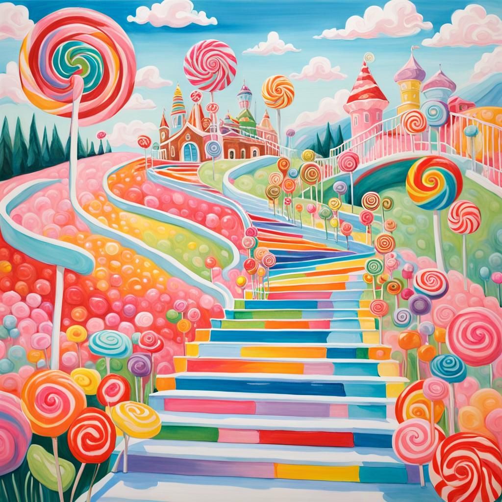 Vibrant Candyland Fantasy Landscape in Gouache Style