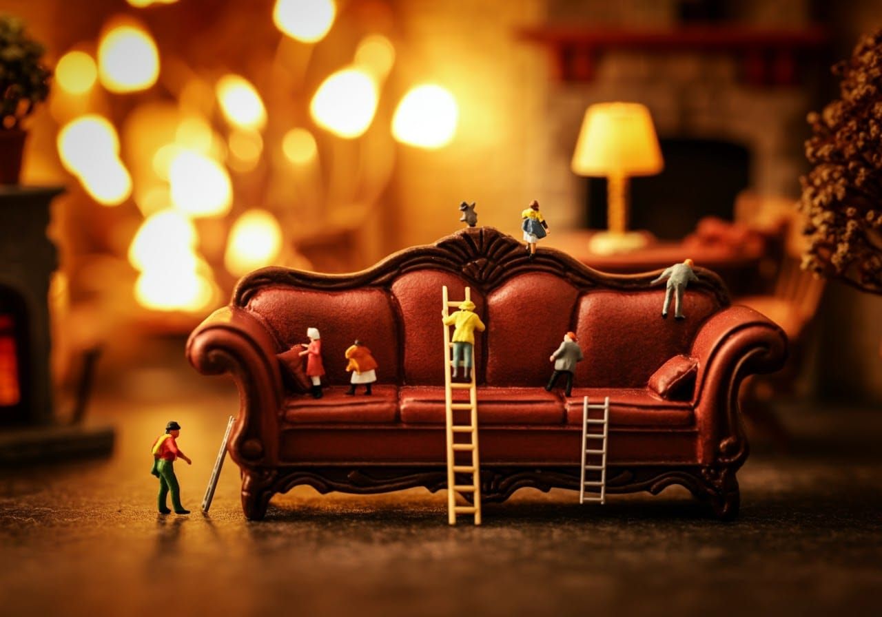 Miniature People Climb a Colossal Sofa