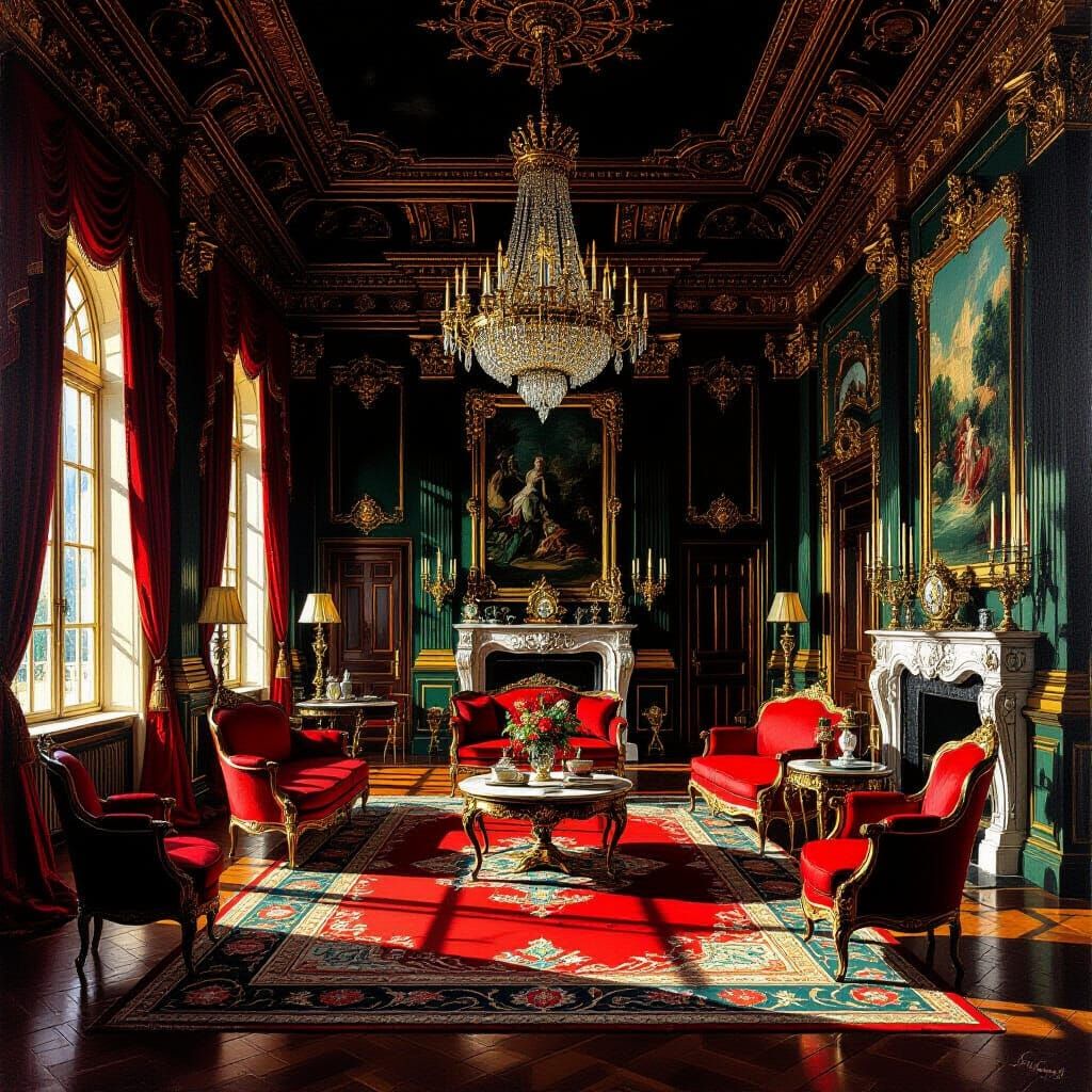 Art Nouveau Castle Parlor in Dark Hues and Gold