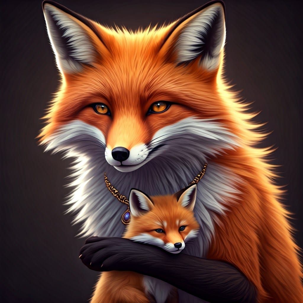 3D Mother Fox and Cub in Anime Style