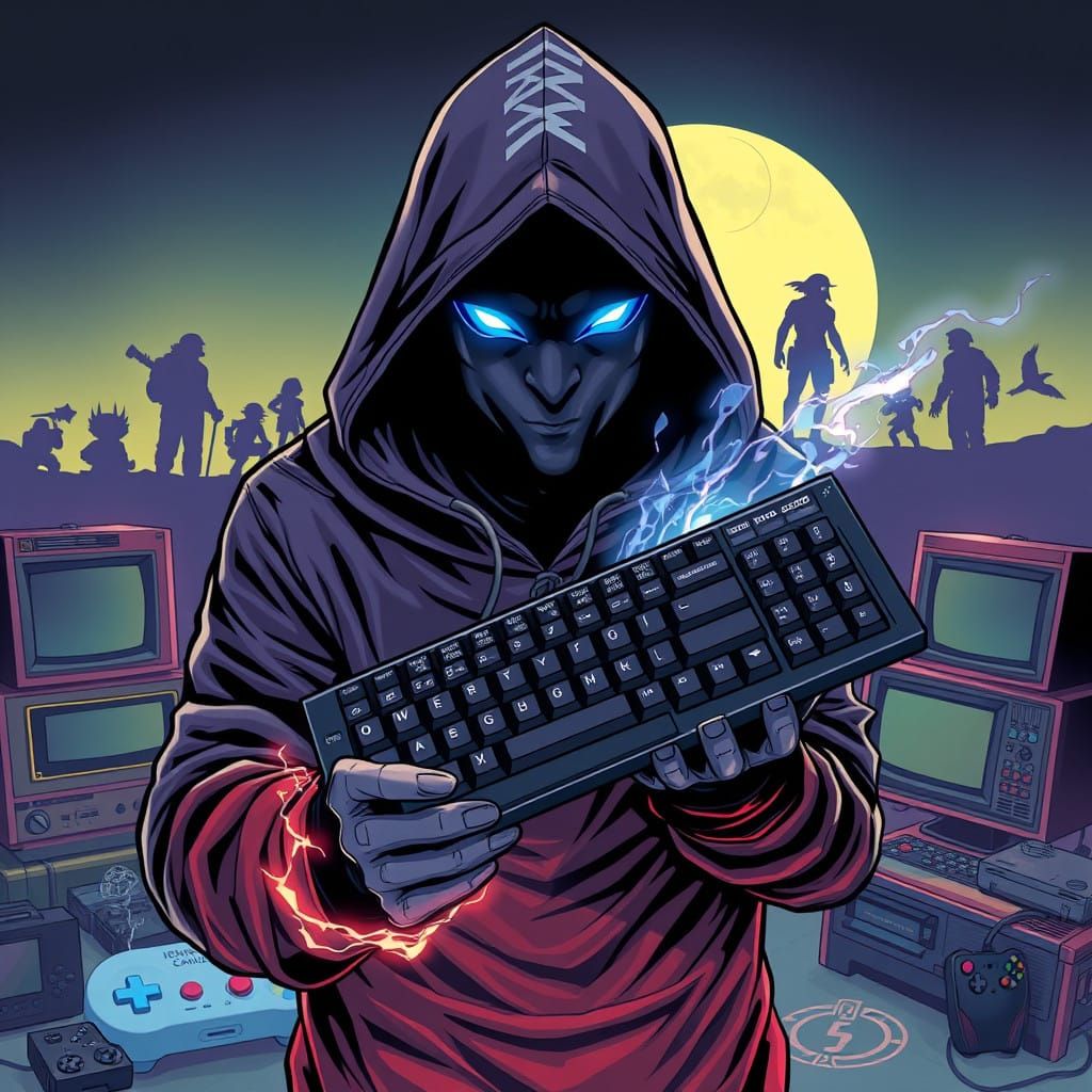 Surreal Comic Book Art of a Hooded Figure with Glowing Blue...