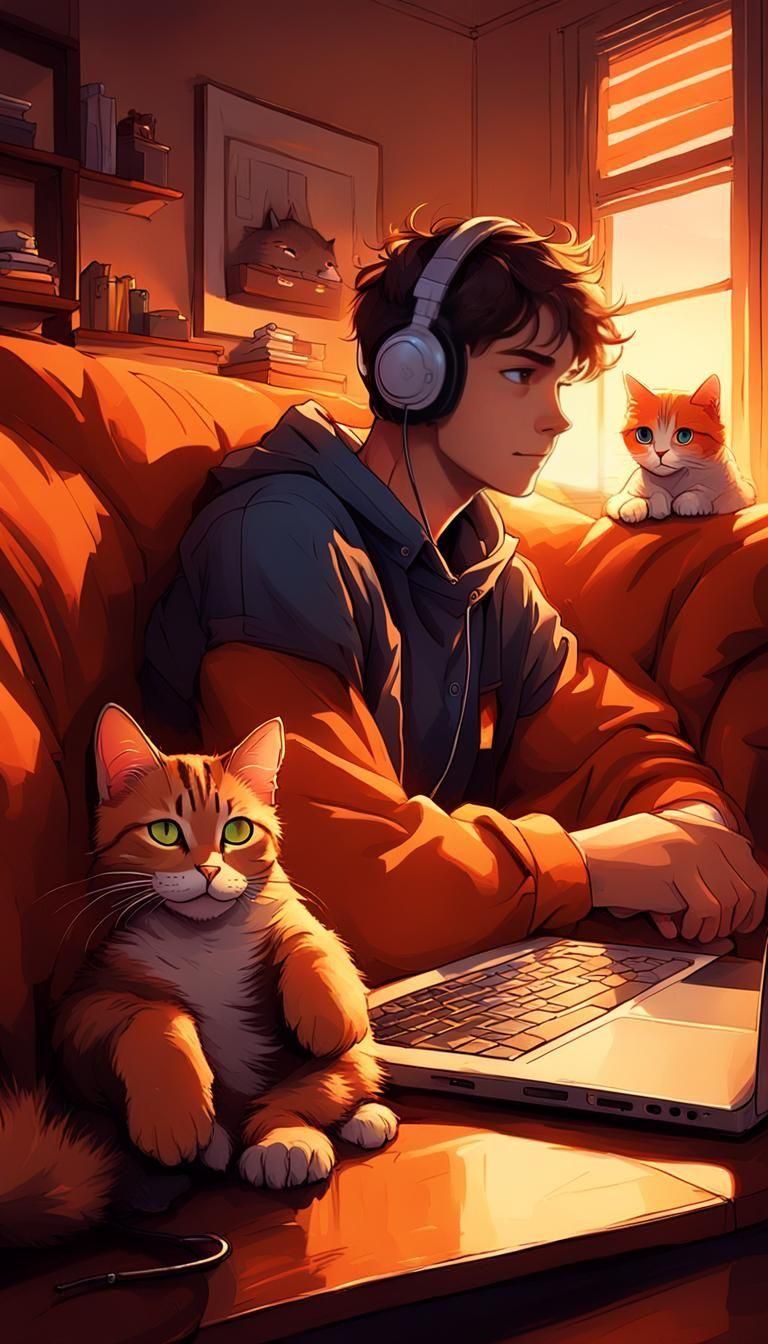 Cozy Boy with Cats in Anime Style
