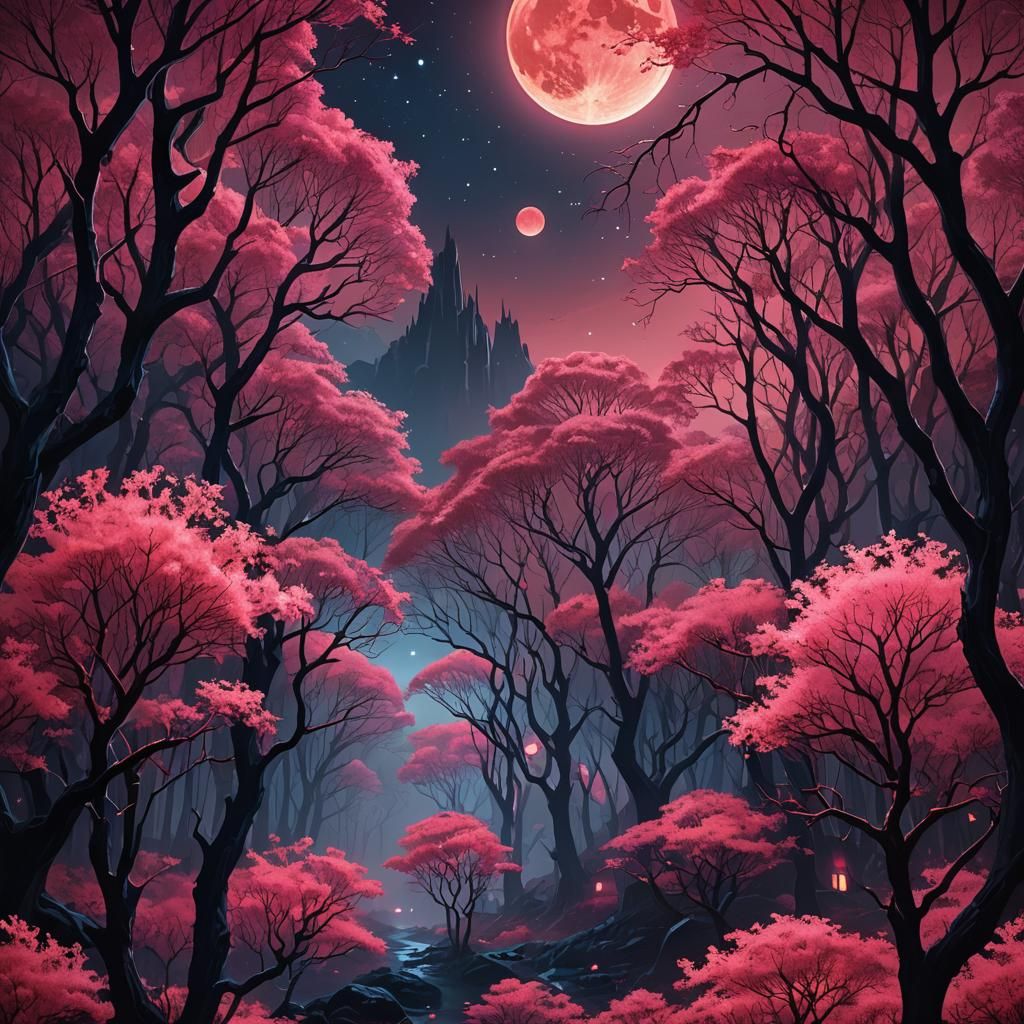 Alien Forest Under Blood Moon in Digital Painting Style