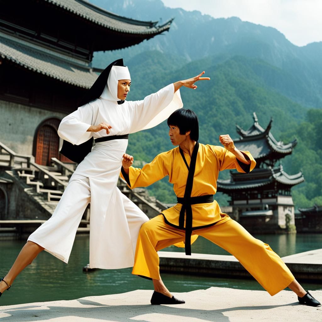 Crazy acrobat ninja nun , fighting with Bruce Lee , action KungFu movie by "golden harvest"