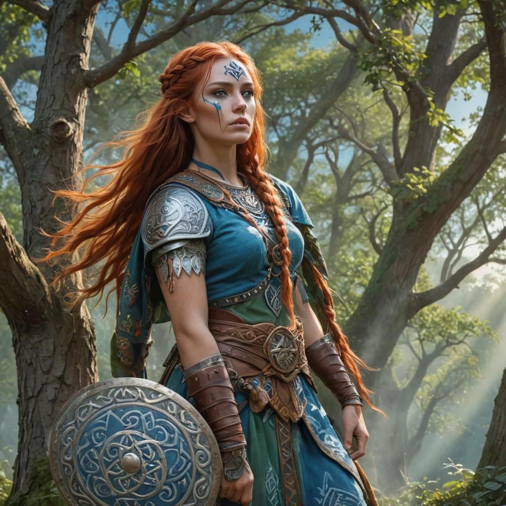 Fantasy Warrior with Braided Hair and Shield
