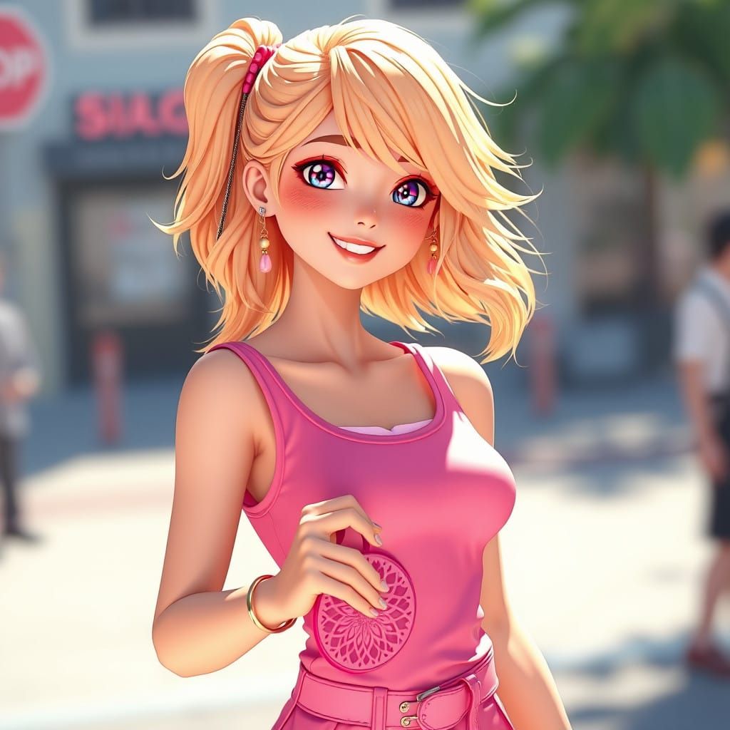 Vibrant Anime-Inspired Woman in Bright Pink Outfit