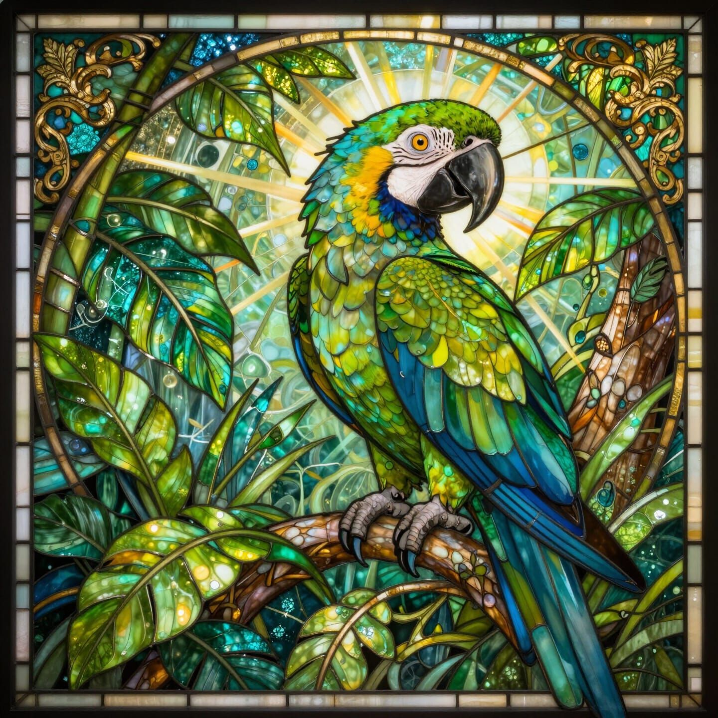 Art Nouveau Stained Glass Macaw Among Tropical Leaves