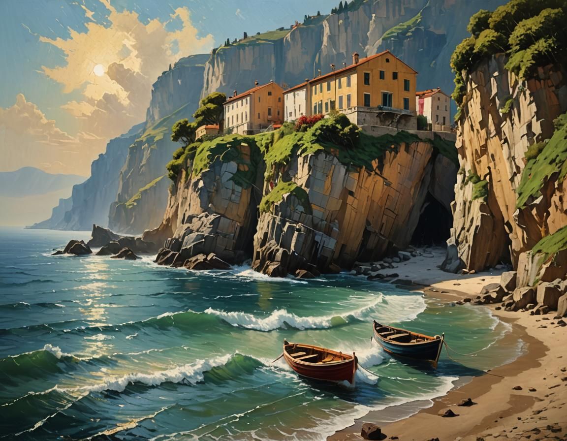 Italian Beach Scene Impasto Painting