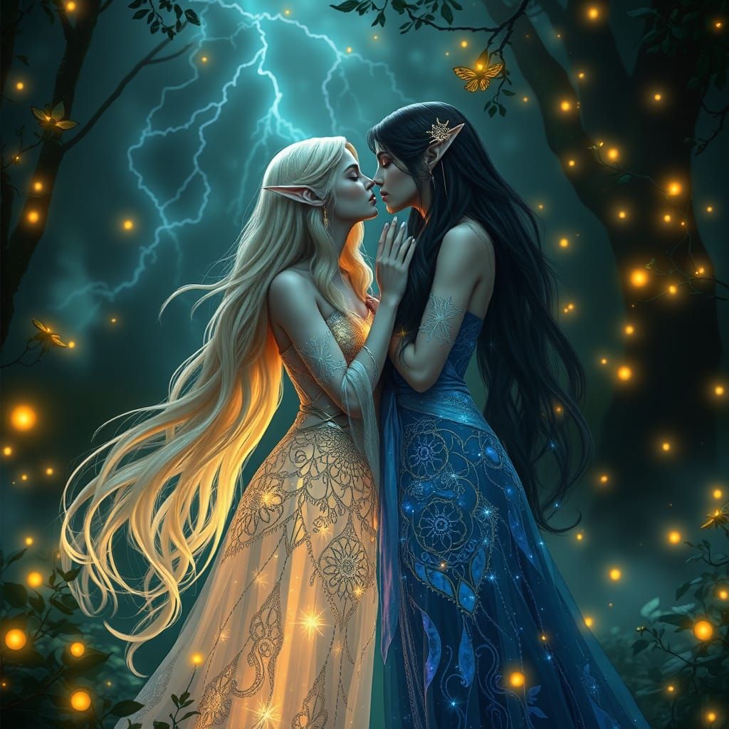 Elven Women Kissing in Bioluminescent Glade