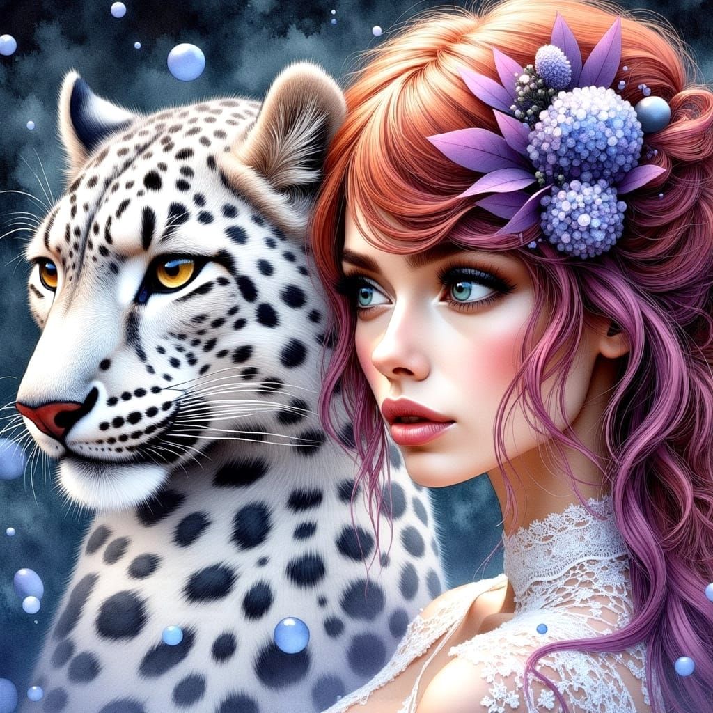 Surreal Woman with Auburn Hair and Snow Leopard in Whimsical...