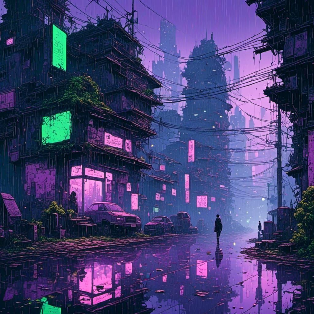Cyberpunk Cityscape with Green Sky and Purple Lighting