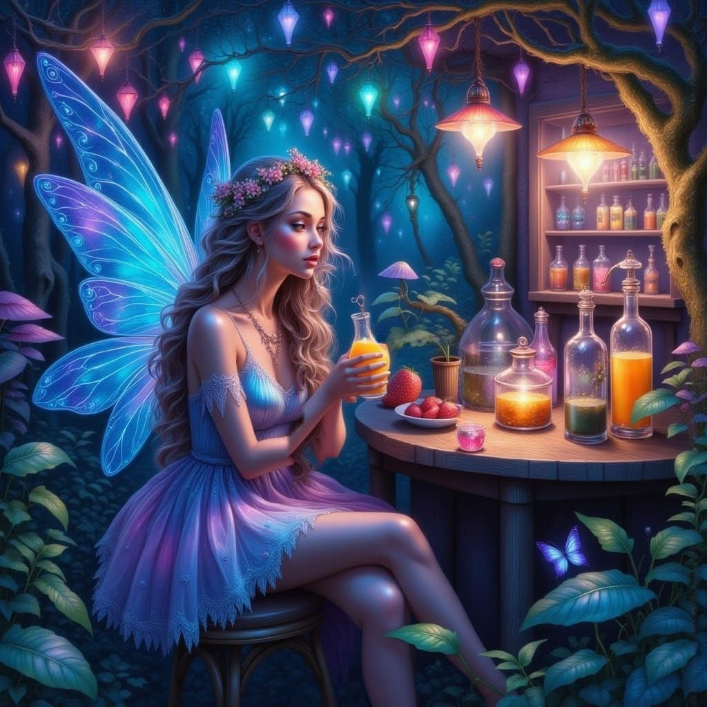 Ethereal Fairy Woman Drinking Juice in Vibrant Watercolor