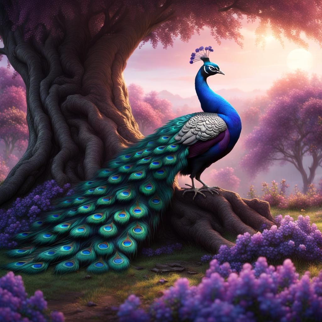 Peacock Under Purple Flowers: Fantasy Concept Art