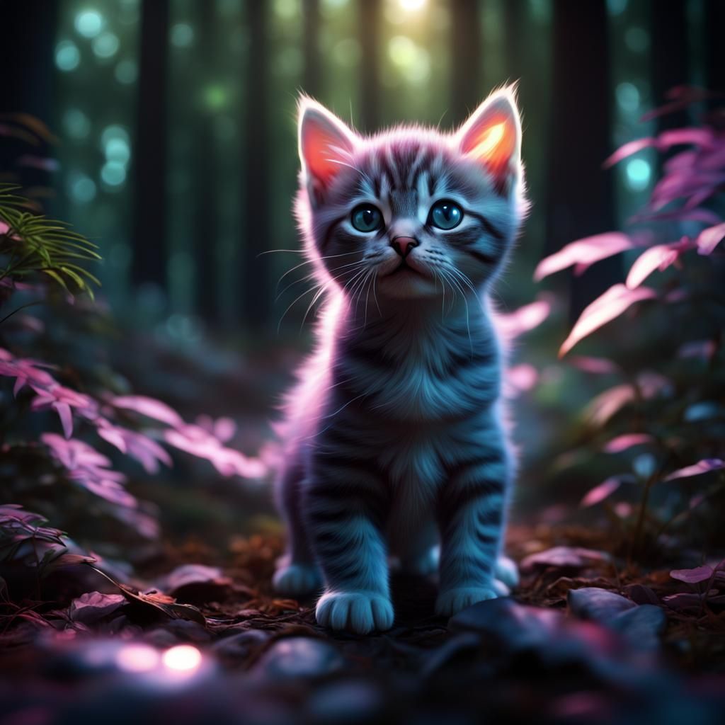Holographic Kitten in Dark Forest: Hyperrealistic Masterpiec...