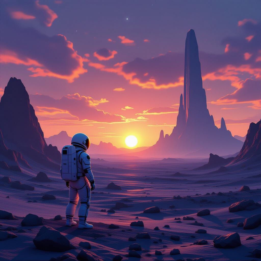 Astronaut on Alien Planet Gazing at Binary Sunset