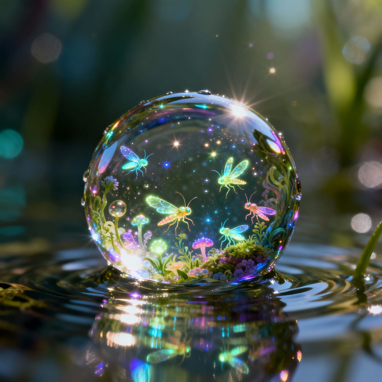 Microscopic World in Dewdrop with Luminous Creatures