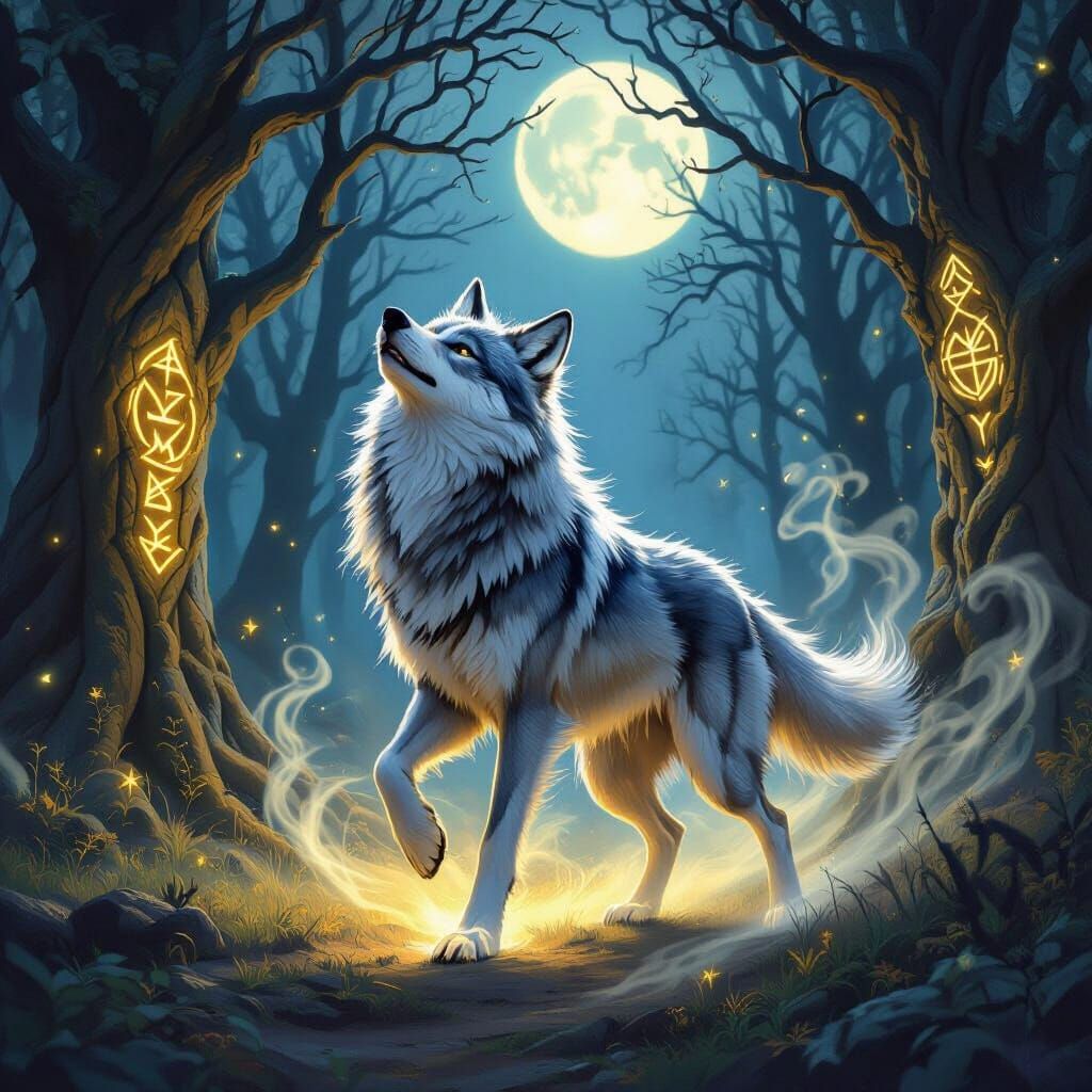 Majestic Wolf Dancing in Moonlit Magical Forest