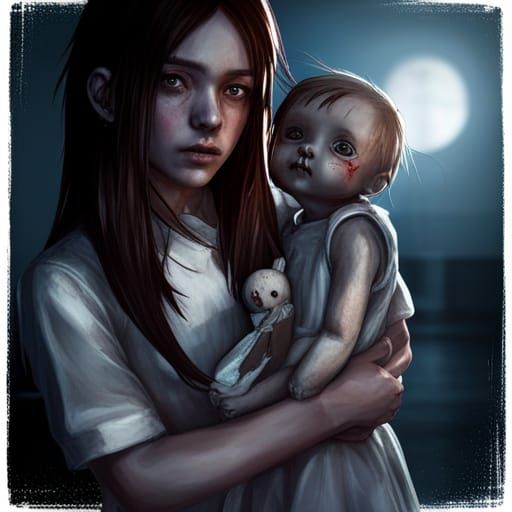 Creepy Girl with Doll: Dark Horror Anime