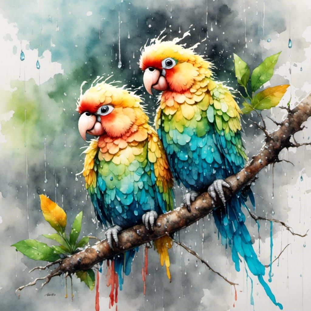 Parrots in Rainy Watercolor Splash Art