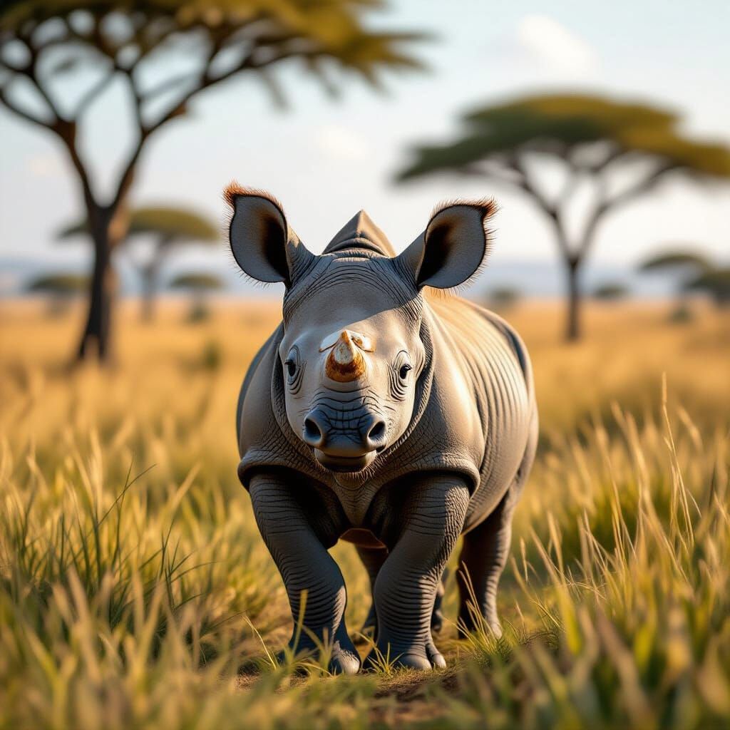 Baby Rhino in Savannah Grasslands: Hyperrealistic Wildlife