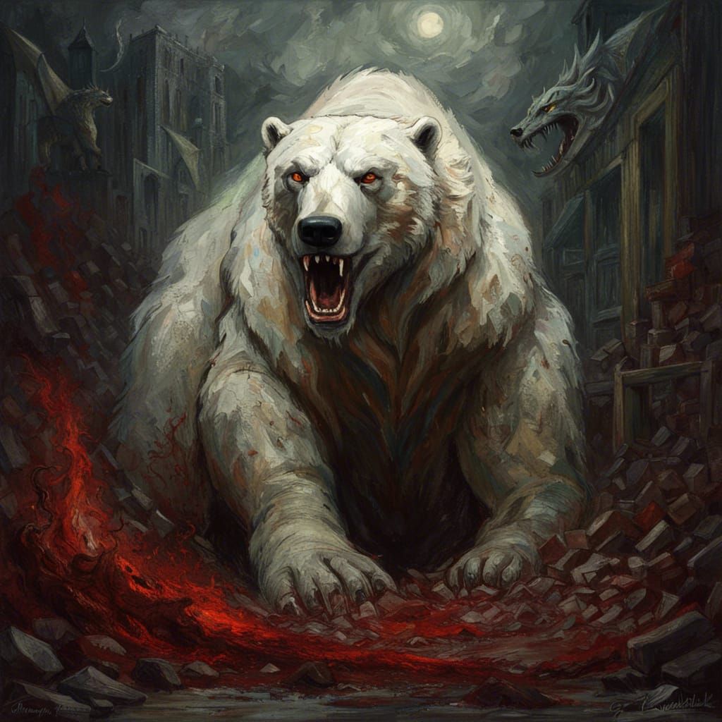 Disturbing Polar Bear Dragon Hybrid Impressionist Painting