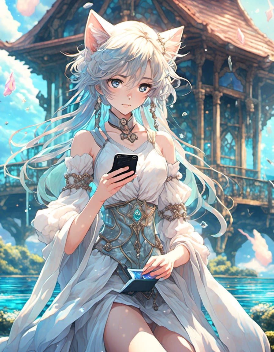 Alabaster Enchantress with Cellphone in Anime Style