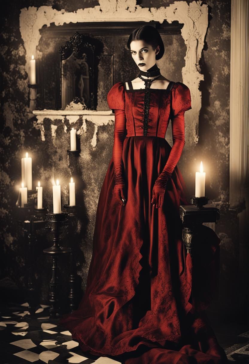 Goth Fashion Model in Escher-Inspired Black and White