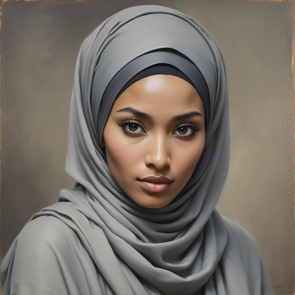 Mixed Race Woman in Hijab, Oil Painting Style