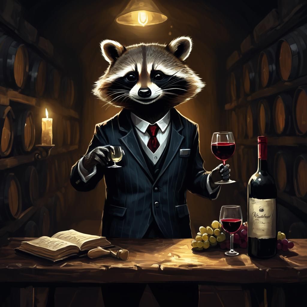 Raccoon Sommelier in Wine Cellar: Digital Painting
