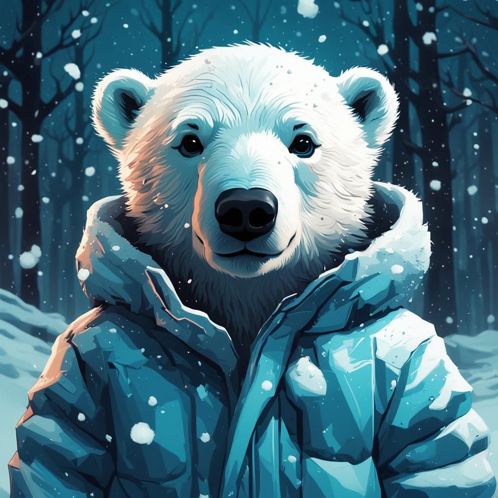Adorable Baby Polar Bear in Winter, Digital Art