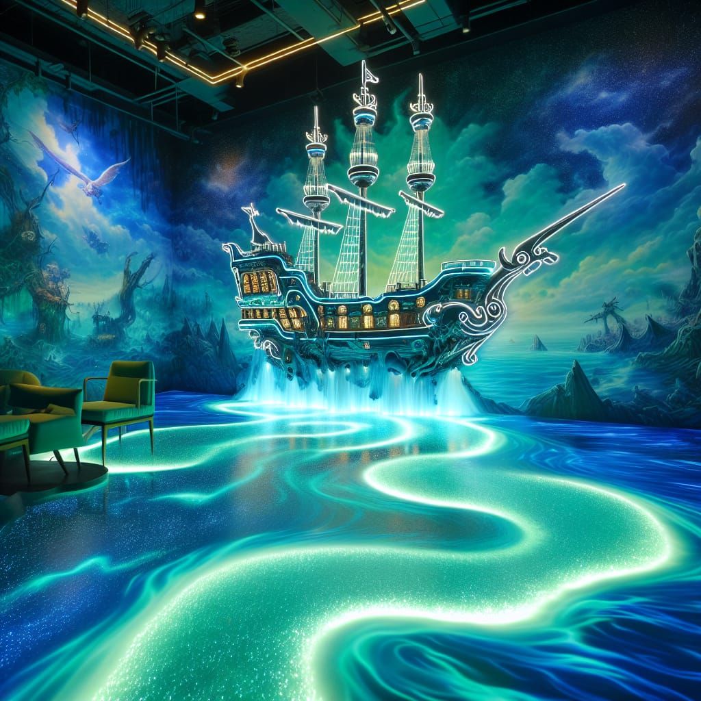 Neon Pirate Ship Emerges from Mural Painting