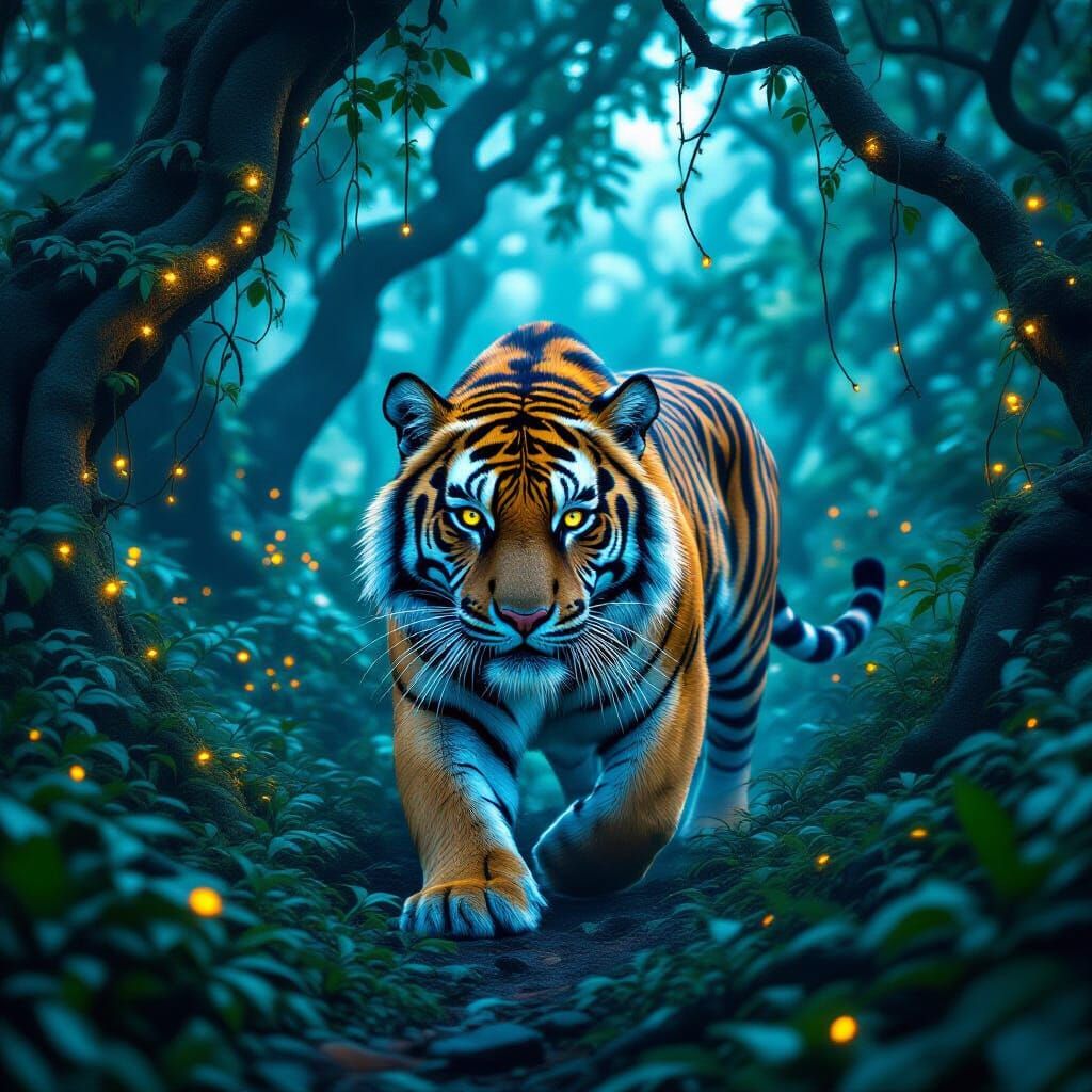 Bioluminescent Jungle Tiger in Digital Art Style