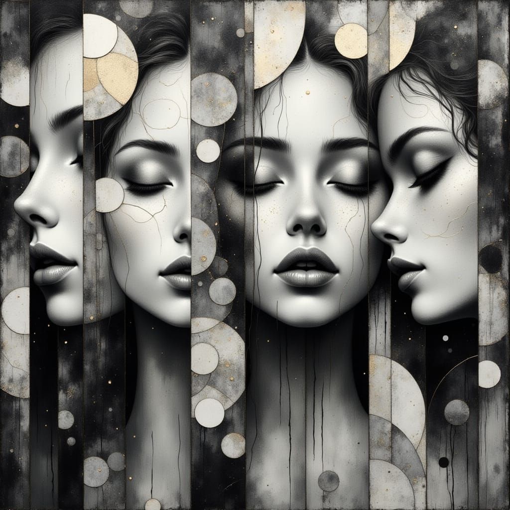 Dreamlike Grayscale Portrait in Geometric Style