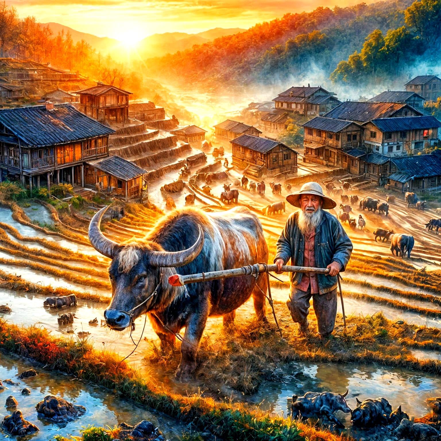 Elderly Chinese Villager Plows Fields with Ox in Vibrant Wat...