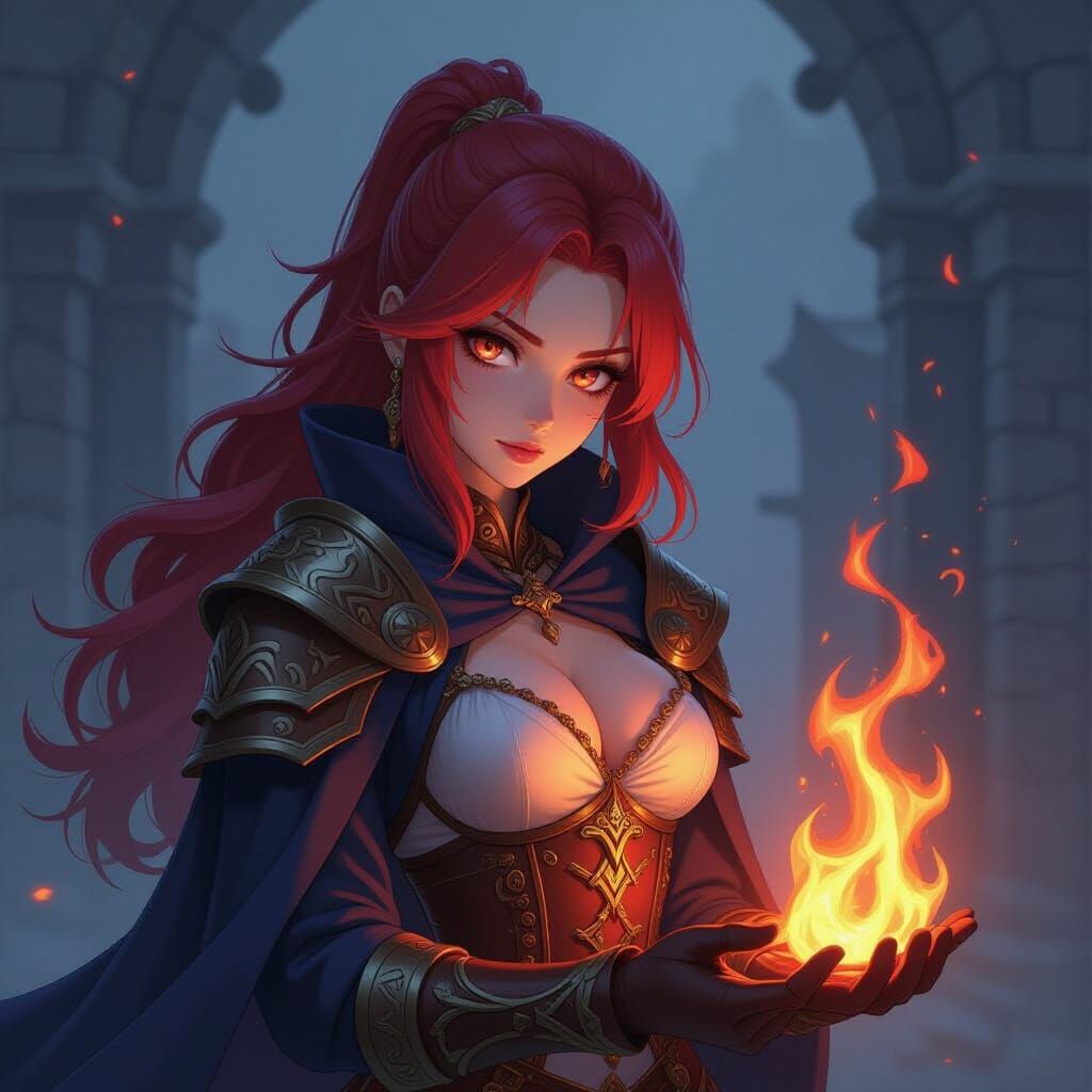 Anime Warrior Jessina with Fiery Hair and Stormy Eyes